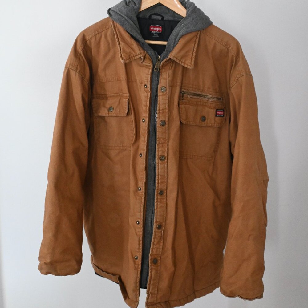 Wrangler Workwear Coat Jacket - Mens 2XL - Khaki Coat Snap Hoodie Layered Warm